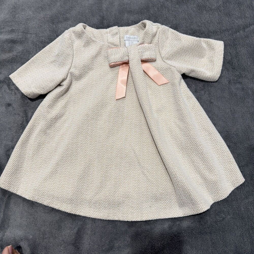 Tahari Baby Girl Dress Beige Gold Pink Bow Spring Easter Size 24 Months